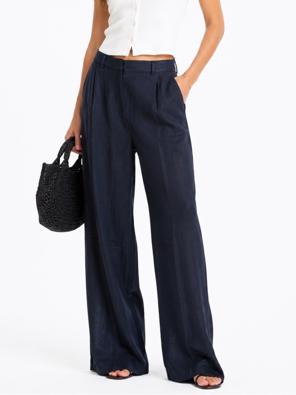 NWT Petal & Pup Navy Blue Pleated Satin Style Wide Leg Trouser Pants size Small
